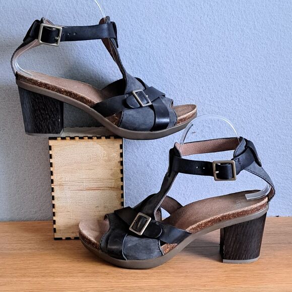 Dansko Dominique Womens 40 9 9.5 Black Leather Open Toe Block Heel Sandals - Picture 5 of 10